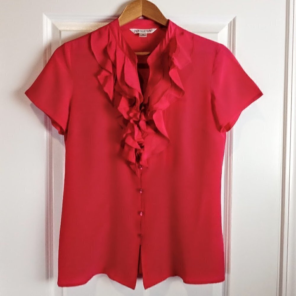 Pendleton Fuchsia Pink Ruffle Front Silk Blouse - Picture 1 of 5
